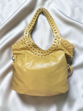 Vintage Mustard Braided-Trim Leather Shoulder Bag